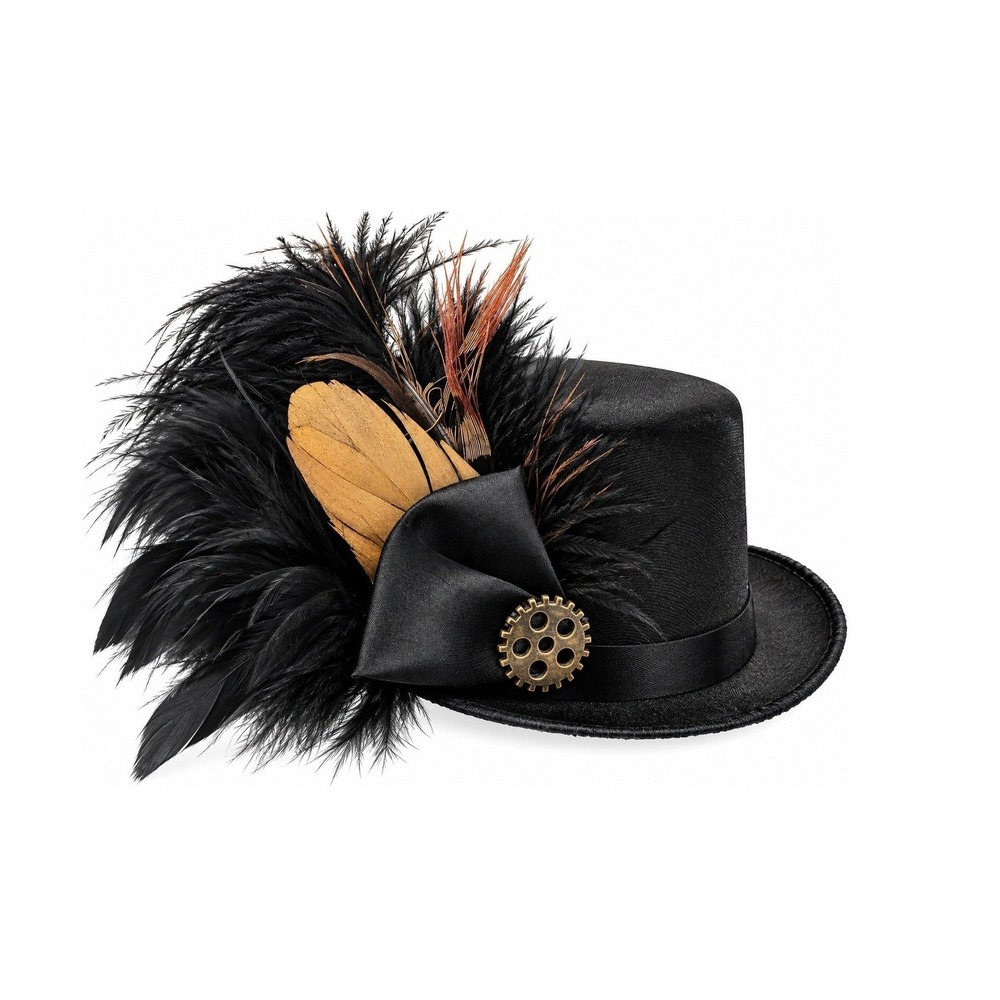 Womens Steampunk Mini Top Hat Fascinator Black Feather Gear Headband Accessory